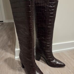SCHUTZ "MARYANA" Dark Brown Croc-Embossed Heeled Boots
